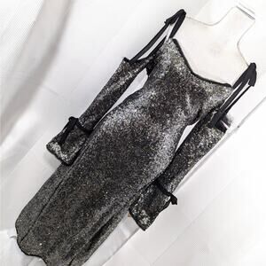 NWT@$179! RACHEL ROY! GLAM BARE SHOULDER, LONG SLEEVE SILVER SEQUIN GOWN! SZ 10